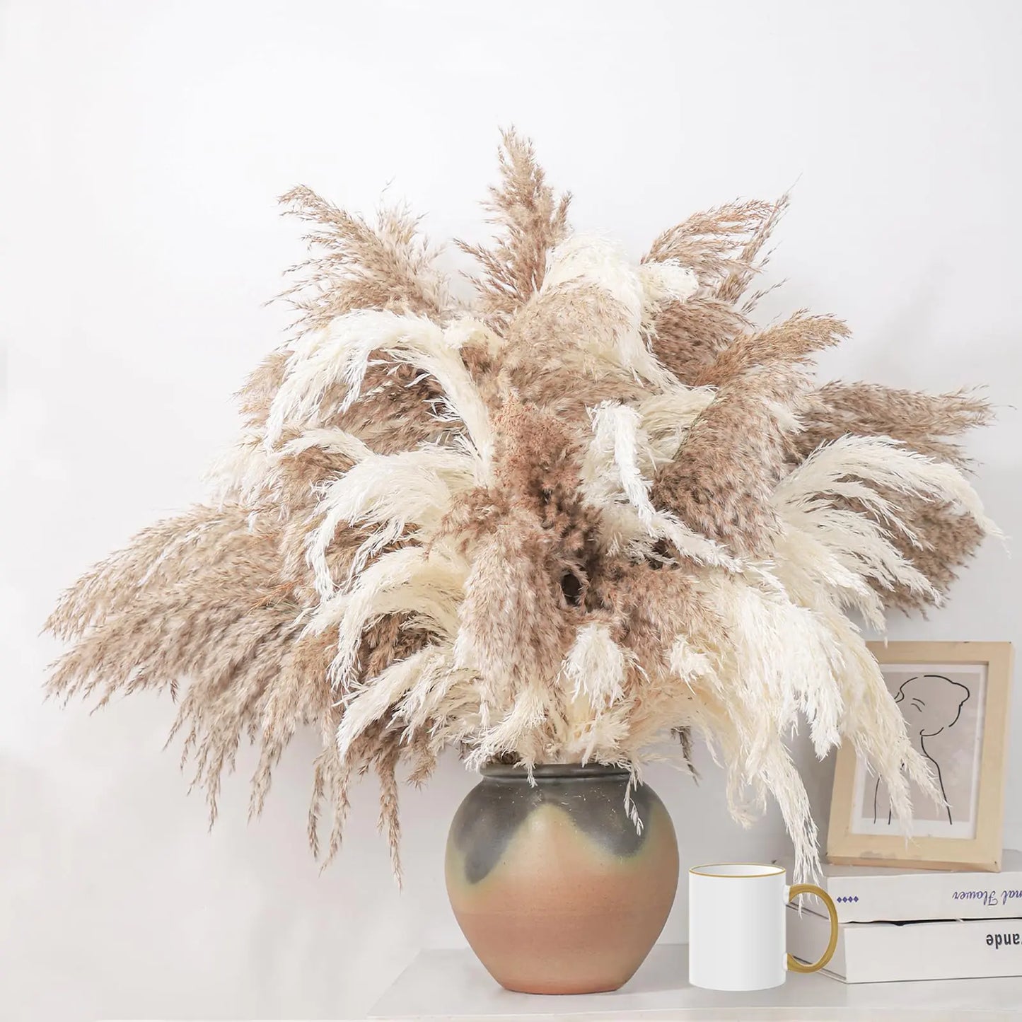 ROOLLYA 28" inch 20 Stems Large Pampas Grass Decor - Fluffy Brown & White Pampas Grass Decor Tall Pompas Grass for Floor Vase - Boho Home Decor Wedding Decor Natural Flower Bouquet