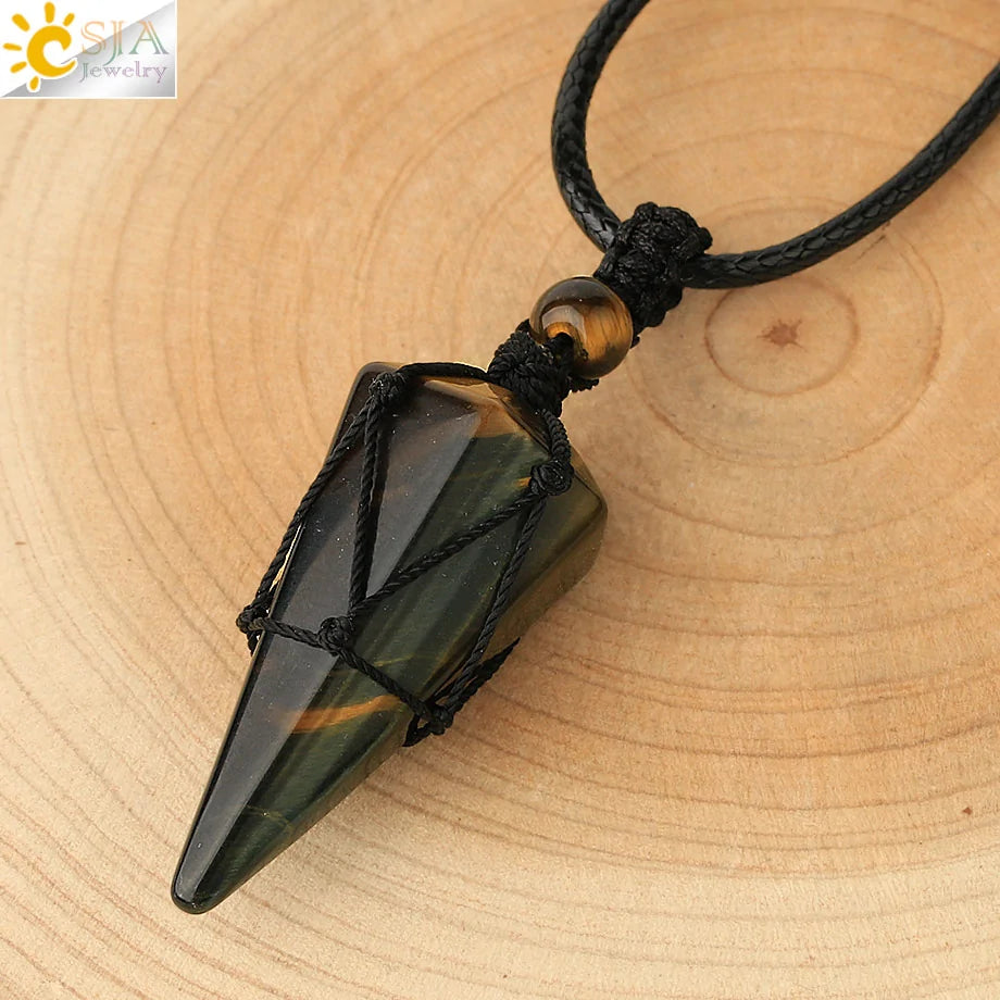 CSJA Natural Stone Cone Pendant Necklace: Crystal Quartz & Black Rope