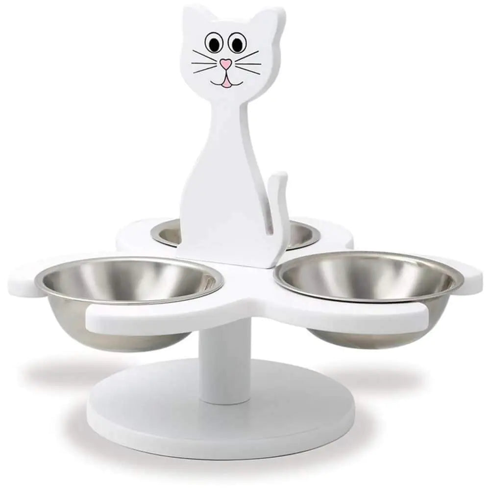 Etna Pet Store Elevated Cat Bowls - This Wooden Raised Pet Feeder Promotes Better Digestion and is Easy on The Joints - Multiple Cat Feeder with 3 Removable Cat Bowls for Food and Water - White