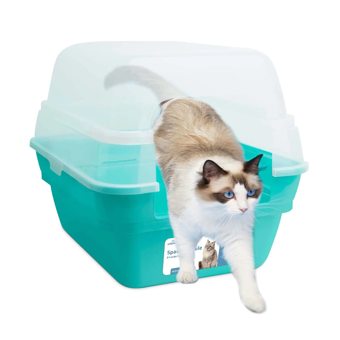 Petfamily Cat Litter Box Large Foldable Jumbo Hooded Cat Litter Box with Transparent Lid (Teal)