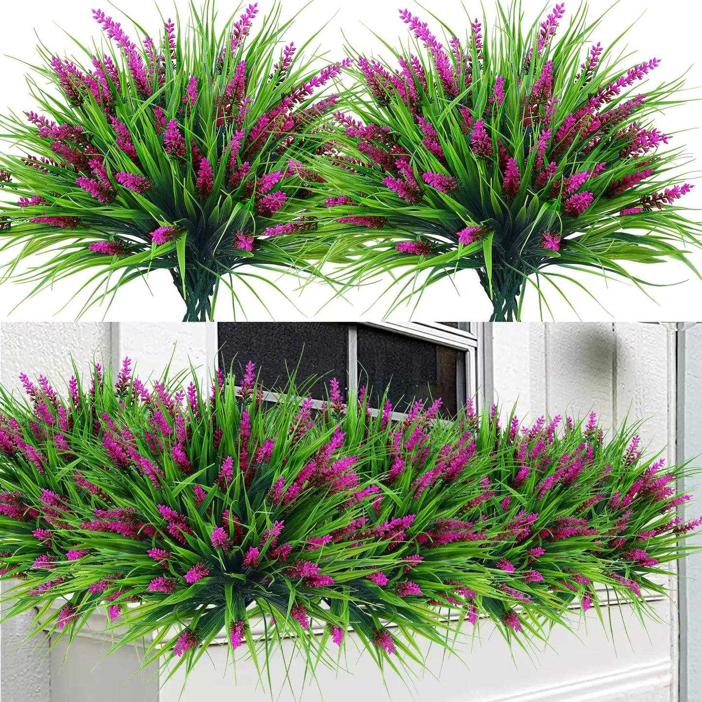 Sggvecsy 24 Bundles Artificial Plants Outdoor Faux Lavender Flowers Fake Monkey Grass UV Resistant Plastic Greenery Plants for Garden Home Porch Window Patio Hanging Planter Indoor Decor (Magenta)