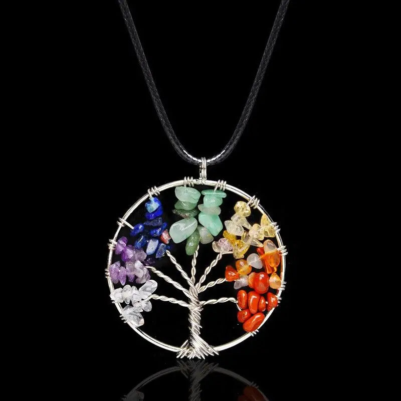 Tree of Life Pendant Necklace 7 Chakra Natural Gemstone Crystal Stones Healing