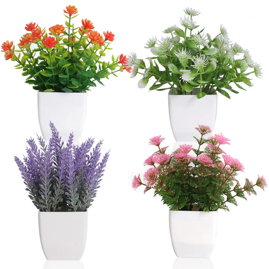 Yoratee Artificial Potted Flowers 4pcs Fake Small Plant in Pot Mini Faux Plant Door House Office Tabletop Kitchen Colorful Greenery Decor