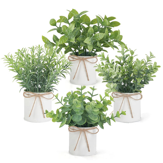 Mkono 4 Packs Small Fake Plants in Farmhouse Galvanized Pots Table Centerpiece Mini Potted Artificial Plants Faux Eucalyptus for Shelf Office Rustic Home Decor (White)