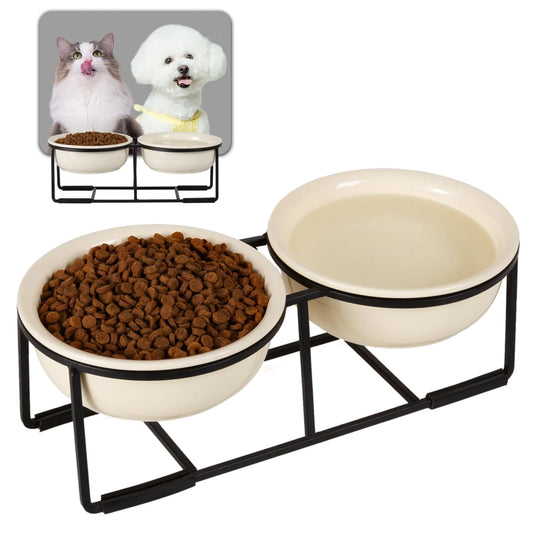 Ceramic Elevated Dog Bowl Set - Double Dog Bowls with Non-Slip Metal Stand - Raised Dog Food and Water Bowl Set - Dog Feeding Bowls - Pet Dishes for Puppies and Cats - 1 Cup - 13.5 fl oz - Beige