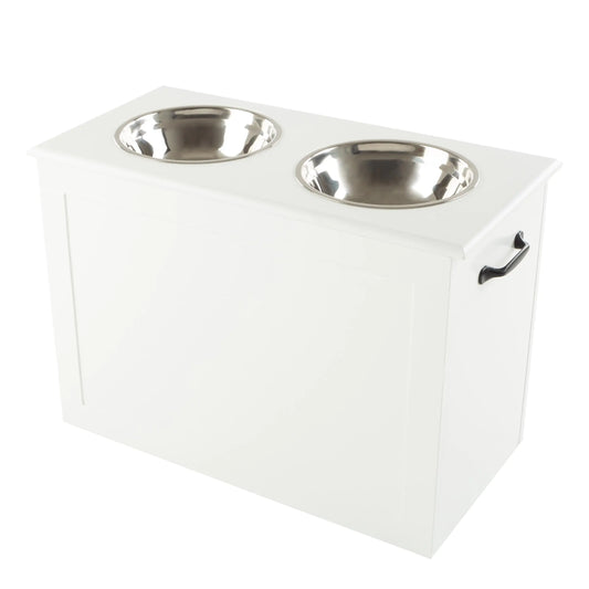 Elevated Dog Bowls with Storage - 16-Inch-Tall Feeding Tray with Hidden Storage Space for Pet Supplies - 50oz Capacity Bowls by PETMAKER (White)