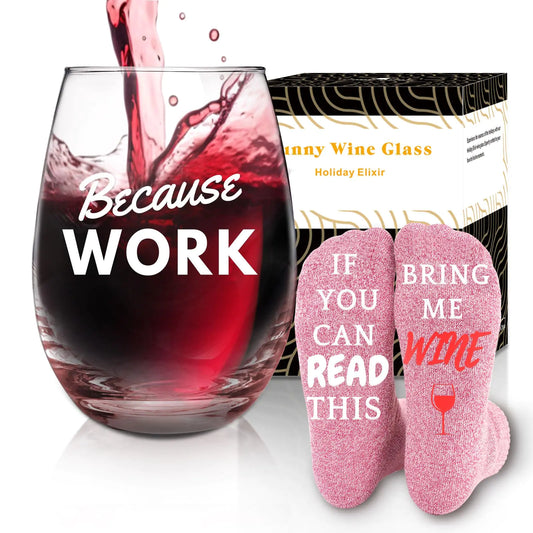 CNVOILA Because Work Funny Wine Glass with Socks - White Elephant Gifts for Adults Coworkers - Christmas Office Wine Gifts for Women Boss Colleague Cowokers