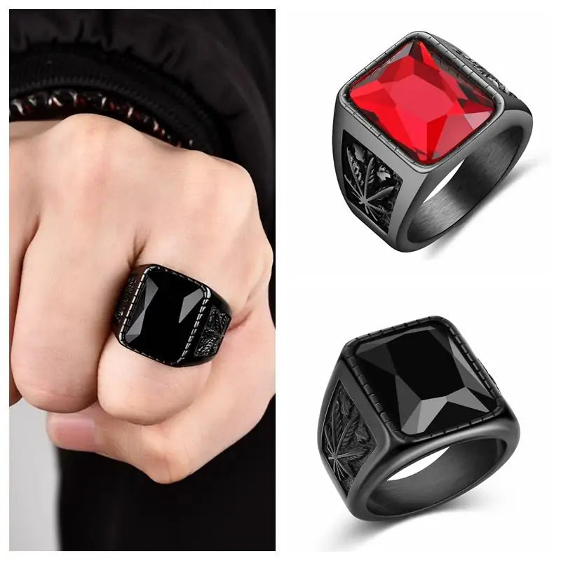 Jiayiqi Men's Hiphop Stainless Steel Stone Ring - Rock Fashion Jewelry