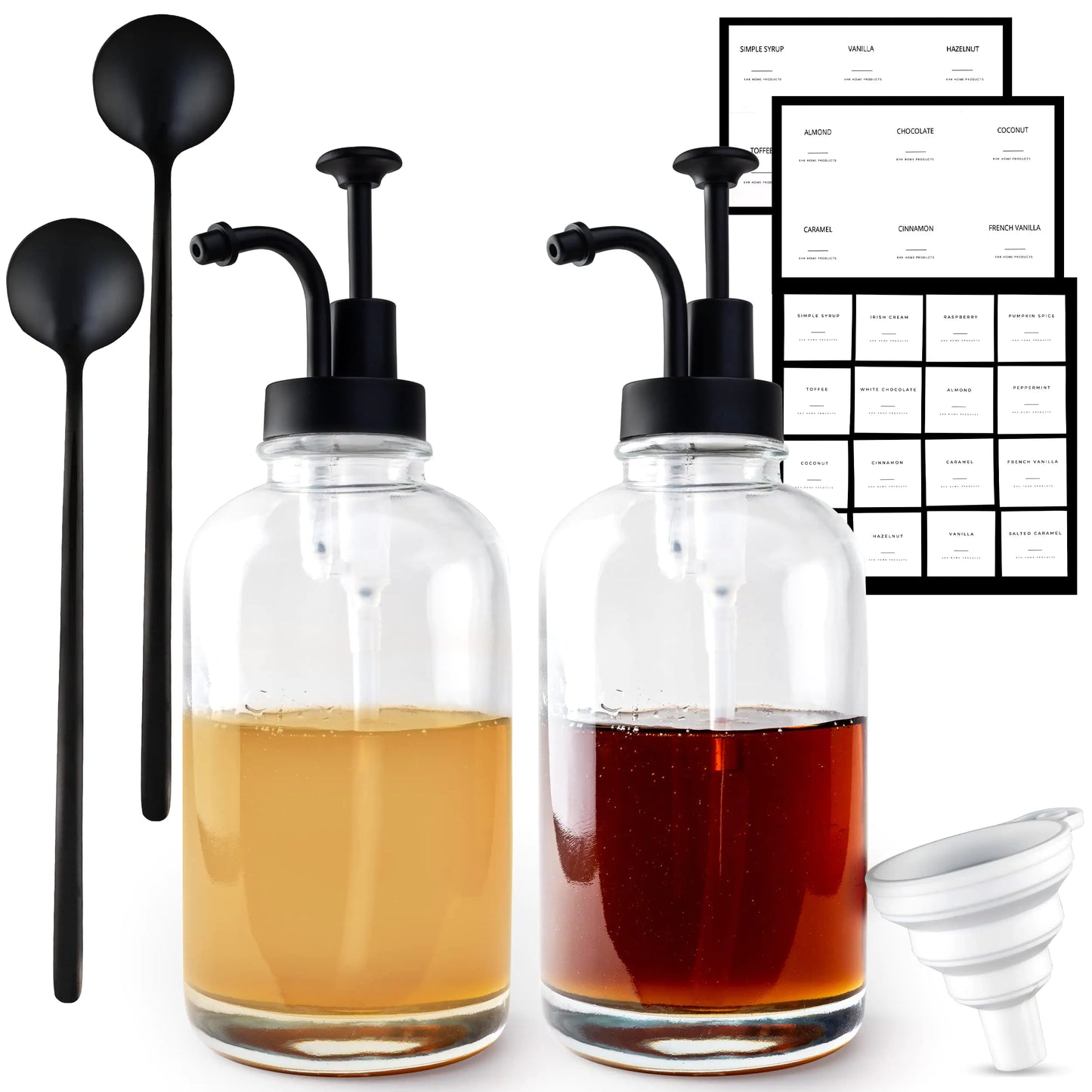 KHK Home Products | Coffee Syrup Dispensers for Coffee Bar | Waterproof Labels | Two Stainless Steel Coffee Spoons for Coffee Bar Accessories | Glass Syrup Bottle w/Pumps | Set of 2 | Black