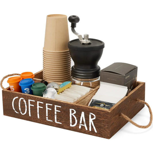 Youngcafe Wooden Coffee Station OrganizerCoffee Bar Accessories Storage for CountertopFarmhouse Coffee Pod Holder with HandleWood Grain K cup Coffee Pod Holder Basket for K Cup Sugar Tea