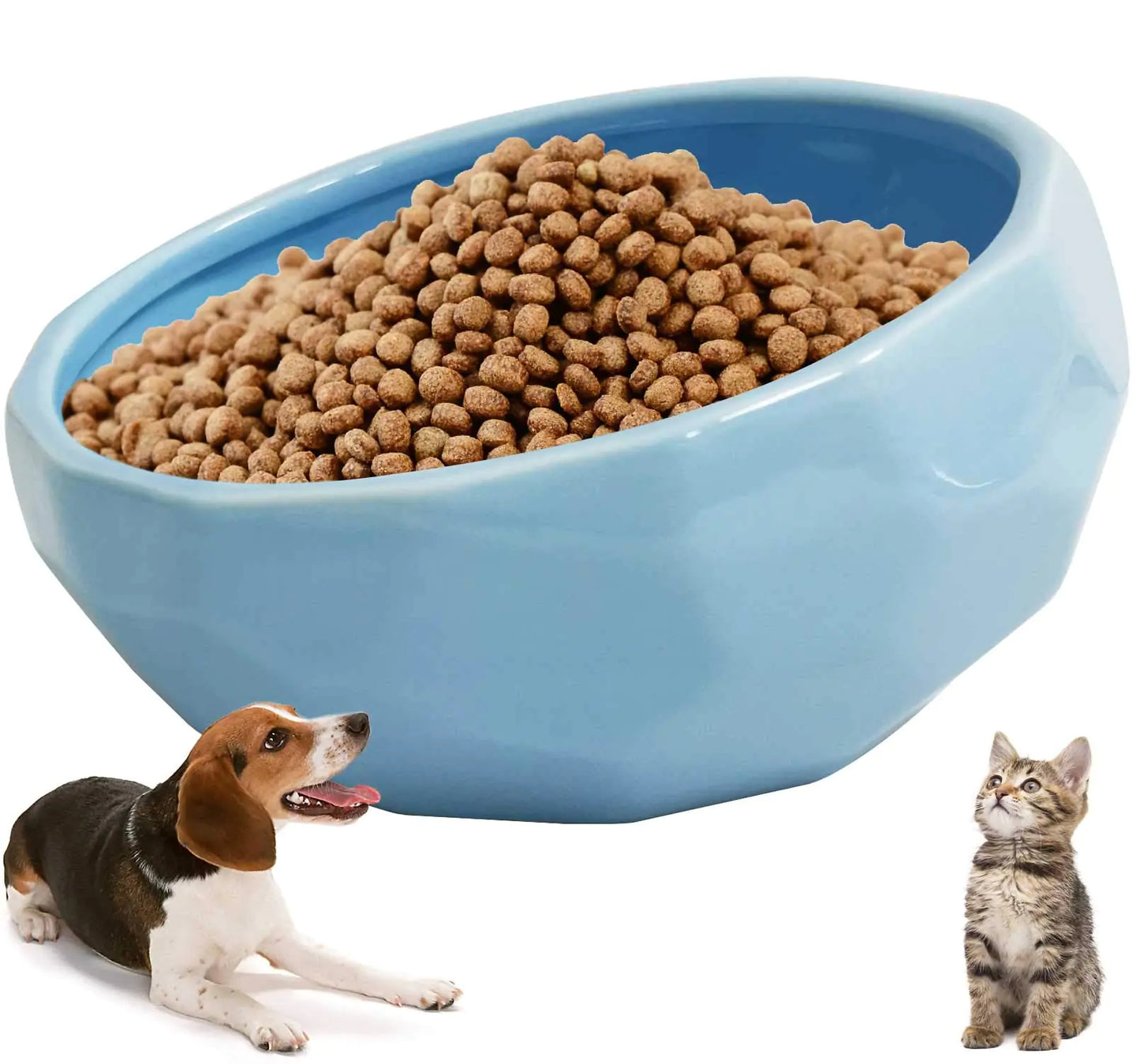 kathson 7 Slanted Ceramic Dog Bowl Tilted 15° Cat Food Water Bowls Dish Animal Pet Comfort Feeding Bowls Heavy Weighted Feeder for Wet or Dry Food (Blue)