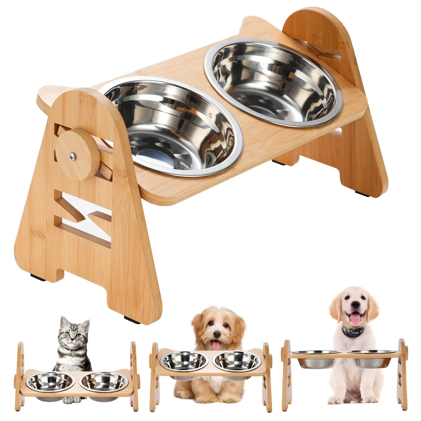 gegewawa Elevated Dog Bowls Stand with 6 Heights Options Adjustable Raised Dog Bowl Bamboo Pet Feeder for Small Sized Dogs and Cats with 2 18oz Stainless Steel Bowls Set and Non-Slip Mats