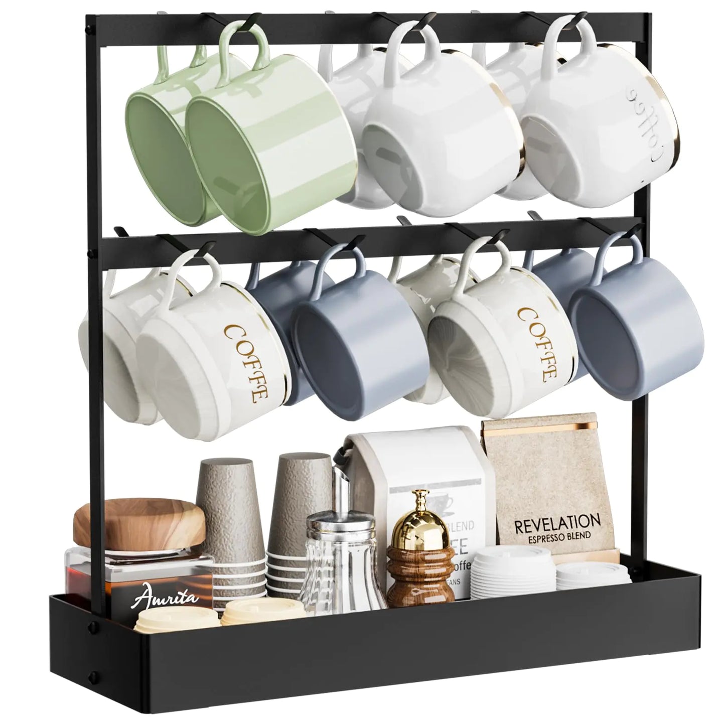 Coffee Mug Holder with Hooks 14 Capacity Coffee Cup Holder for Countertop 2 Tier Mug Tree Holder Rack with Storage Base for Coffee Pod Sugar Bags Paper Cups Gifts for Coffee Lover