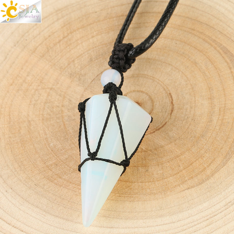 CSJA Natural Stone Cone Pendant Necklace: Crystal Quartz & Black Rope