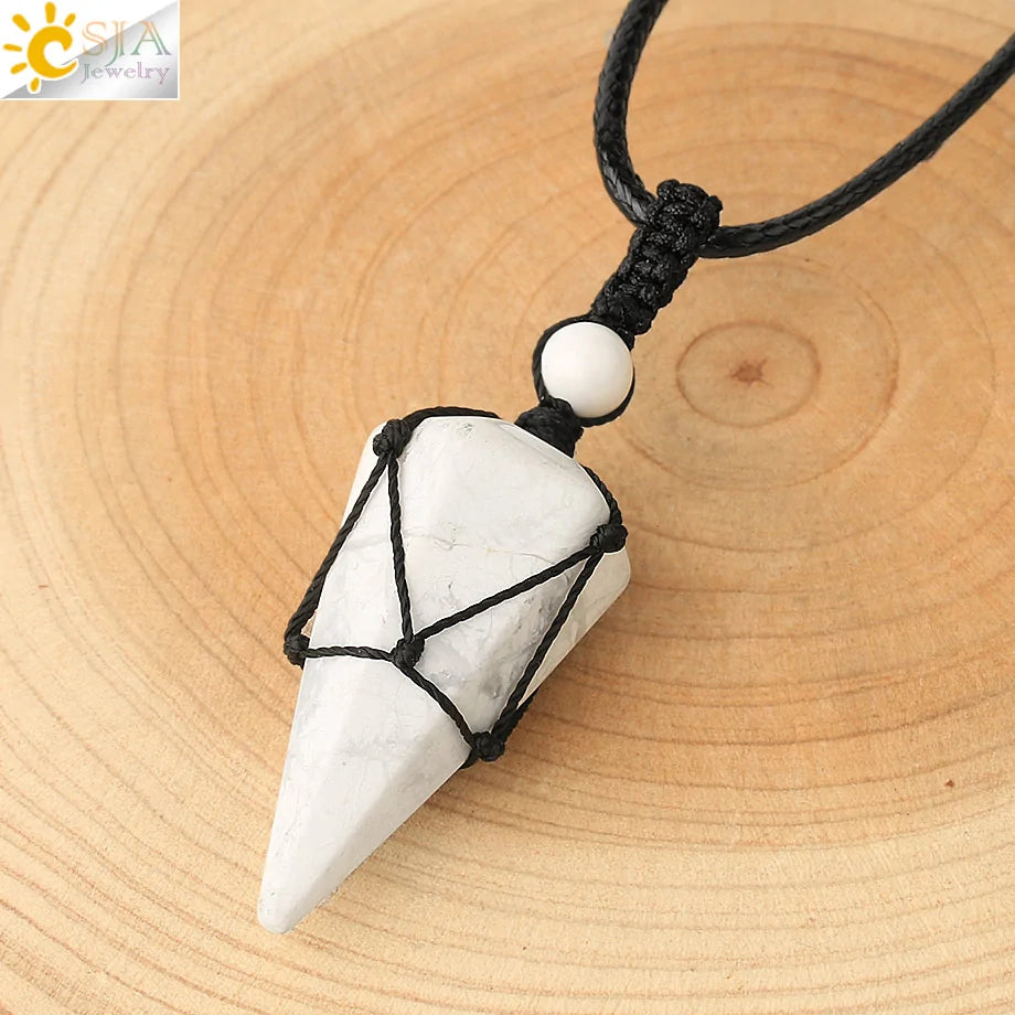 CSJA Natural Stone Cone Pendant Necklace: Crystal Quartz & Black Rope