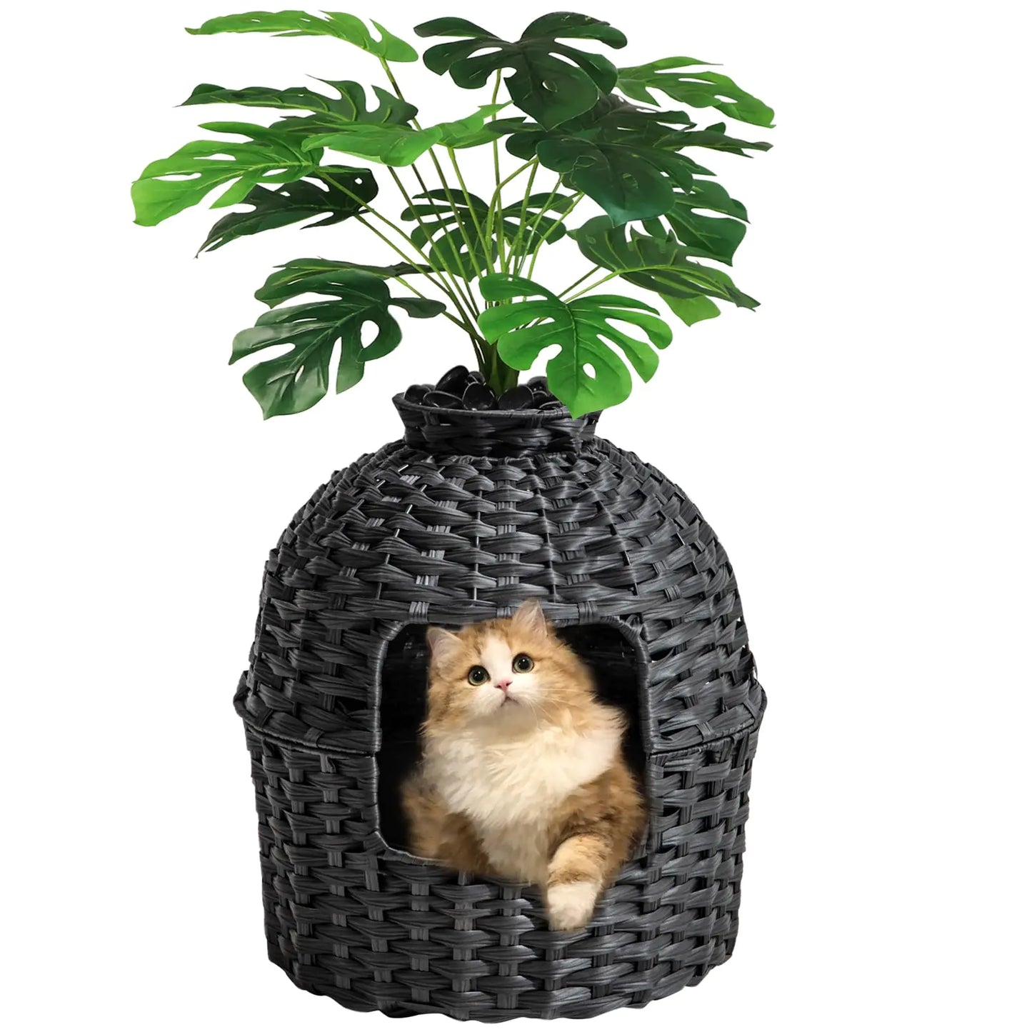 SETVSON Cat Litter Box Plant Furniture Hidden Cat Litter Box with Artificial Plants Handwoven Rattan Cat Litter Box Enclosure with Cat Litter Box Enclosed Plant Cat Litter Box in Living Room (Black)