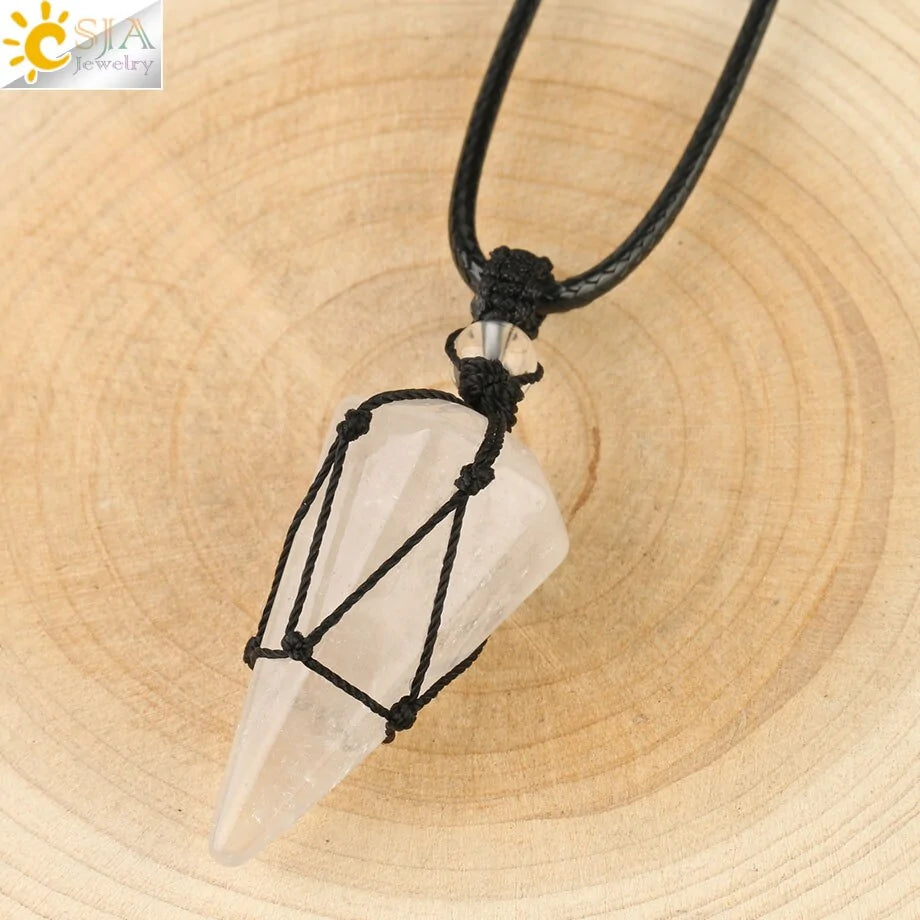 CSJA Natural Stone Cone Pendant Necklace: Crystal Quartz & Black Rope