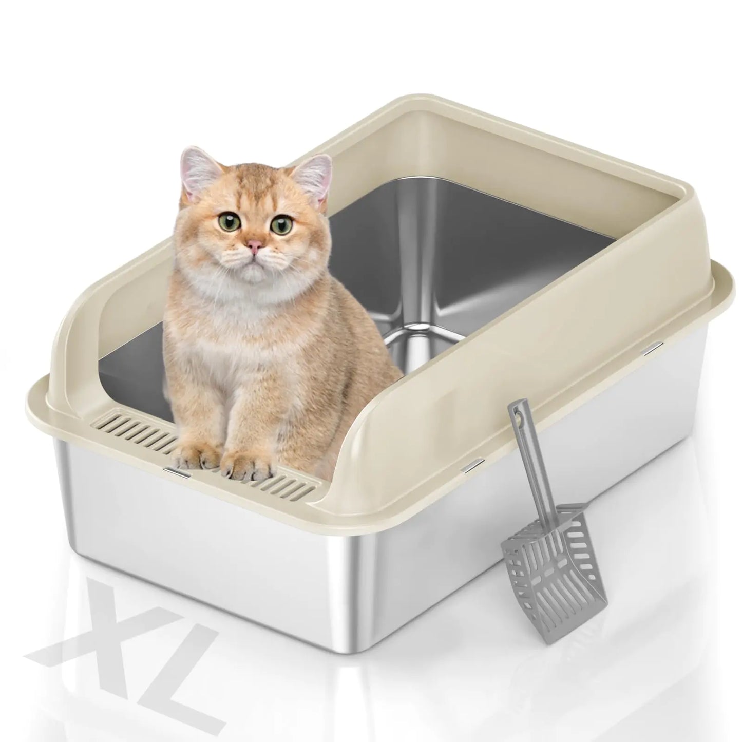 TownTime Stainless Steel Litter Box with LidExtra Large Litter Box with High SidedMetal Litter Box for Big CatsXL Cat Litter BoxNon-StickyAnti-LeakageEasy to Clean (Beige)