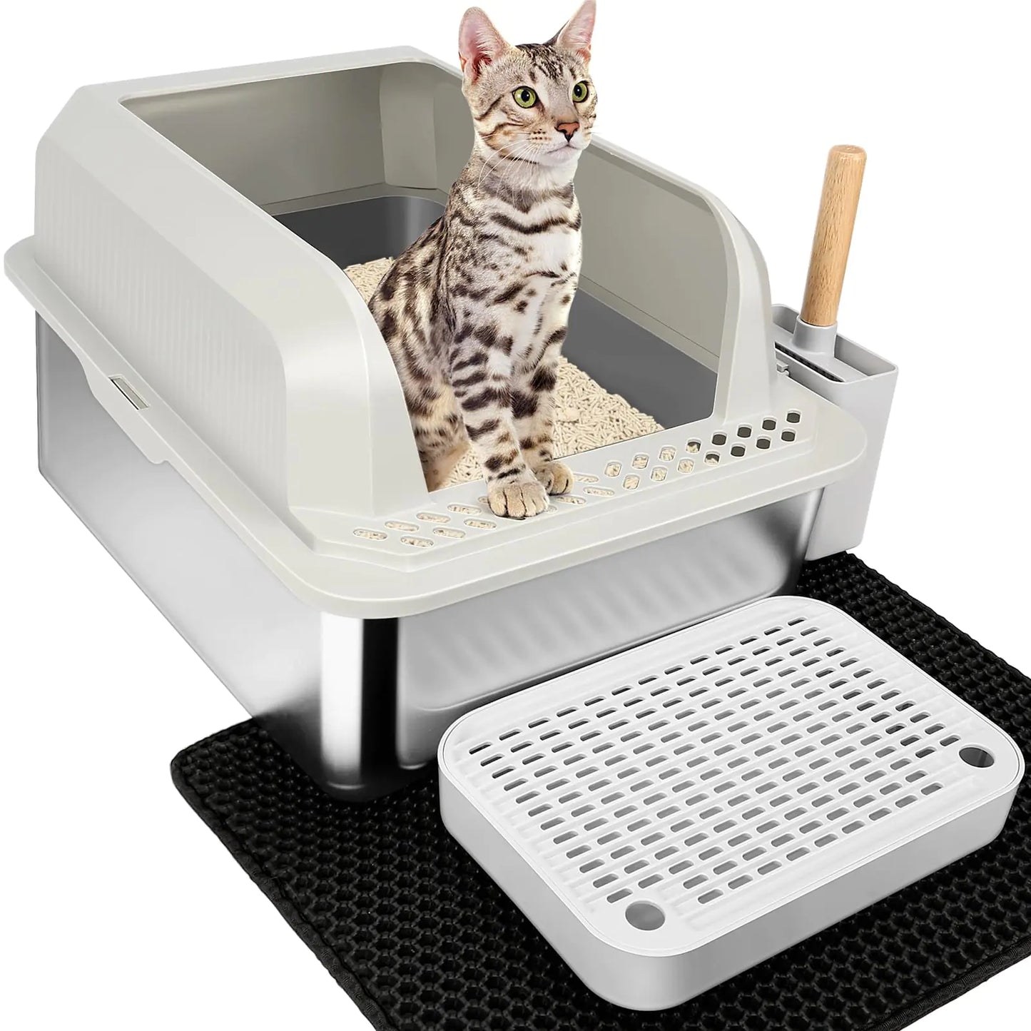 SZEE Stainless Steel Litter Box Cat Litter Box Easy to Clean and NO Absorb Odor Extra Large Litter Box with High Sides Trapping Box Litter Mat & Litter Scoop