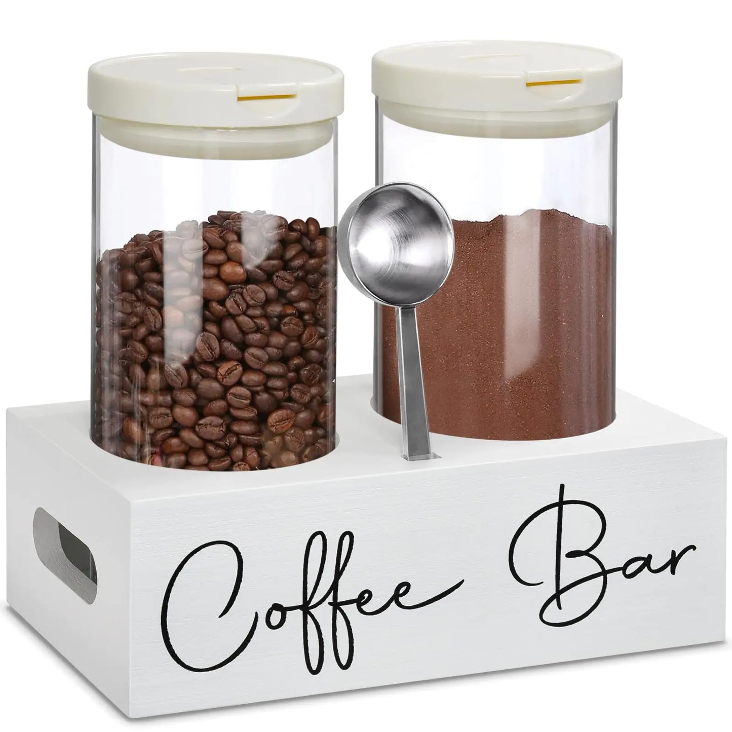 Glass Coffee Containers with ShelfCoffee Station OrganizerCoffee Bean Storage Jars with Spoon2x48oz Coffee Bean Storage with Airtight Locking Clamp Coffee Canister for Coffee BeanGround Coffe