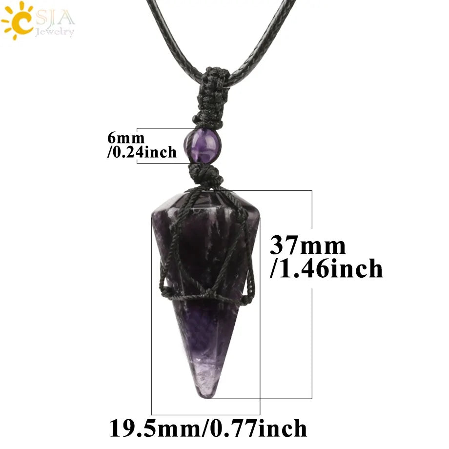 CSJA Natural Stone Cone Pendant Necklace: Crystal Quartz & Black Rope