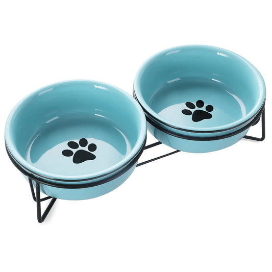 GDCZ Ceramics Raised Cat Small Dog Bowls with Heighten Metal Stand for Pet Food 15 Ounces Turquoise