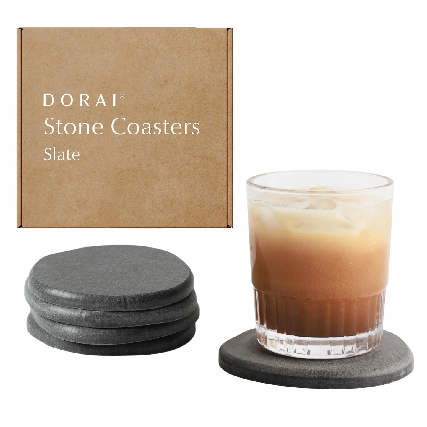 DORAI Home Stone Coaster Set - 4 Stone Coasters with Absorbent Diatomaceous Earth for Instant Drying Round Coasters for Drinks Modern Home Decor - Slate Stone