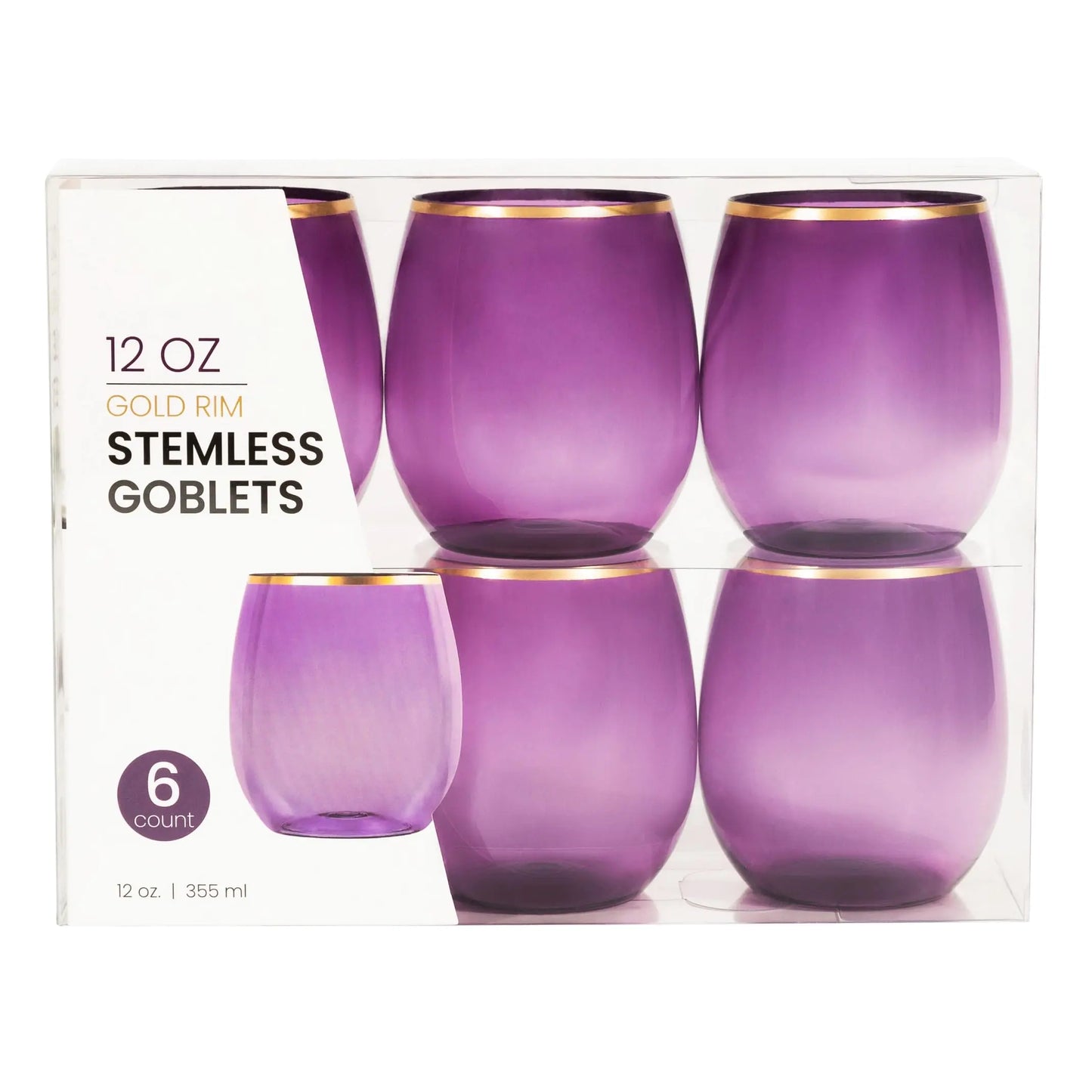 PLASTICPRO 6 Pack Purple With Gold Rim Plastic Wine Glasses Stemless Disposable 12 oz BPA Free Shatterproof Plastic Wine Cups Wine Glasses for Parties