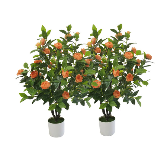 ECOFOREST Artificial Camellia Tree 35in Faux Floral Plant with Orange Flowers and Green Leaves - No Maintenance Indoor Outdoor Office Home Porch Decor Housewarming Gift(2-Pack，Orange)