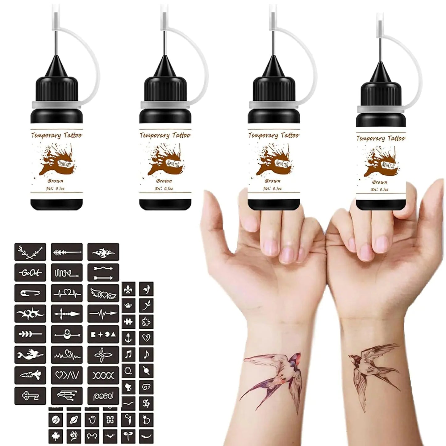 Brown Temporary Tattoo Kit 4 Bottles Temporary Tattoo Ink with 84 Adhesive Tattoo Stencils Body Tattoo Markers DIY Tattoos Temp for Men Women