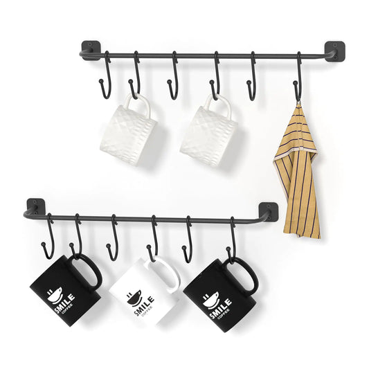 Coffee Cup Holder with 12 Mug Hooks Mug Racks Wall Mounted 2 Pack Coffee Mug Organizer Floating Mug Shelf for Wall Coffee Cup Display Hanger Pods Holder Coffee Bar Accessories for Kitchen Black