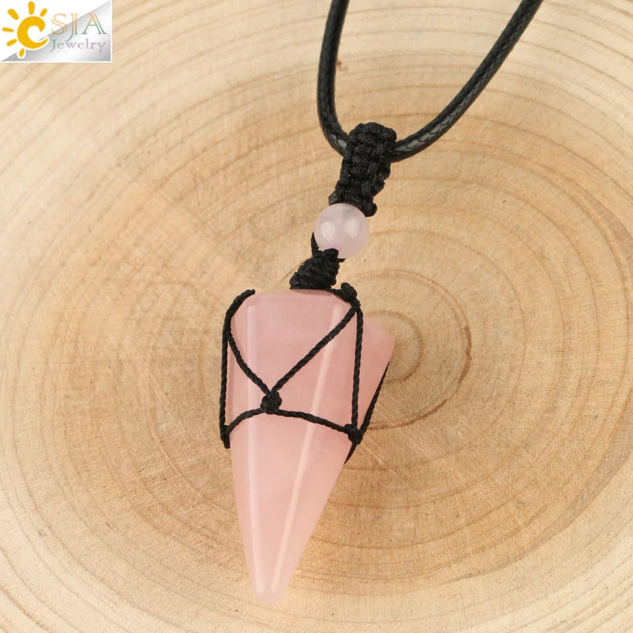 CSJA Natural Stone Cone Pendant Necklace: Crystal Quartz & Black Rope