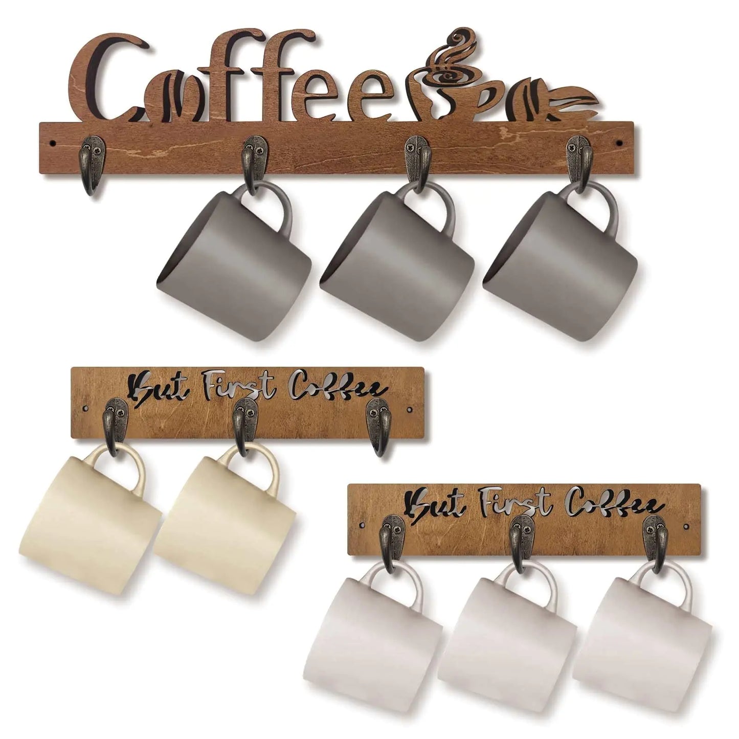 3 Pack Coffee Mug Shelf Mug Rack Wall Mounted with 10 Sturdy Hooks Coffee Cup Holder Wooden Kitchen Wall Decor Mug Organizer for Kitchen Coffee Bar Office