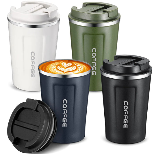 Sieral 4 Pcs 13 oz Travel Coffee Mug Insulated Reusable Coffee Cups with Leakproof Lid Stainless Steel Portable Coffee Tumbler for Keep Hot or Ice Coffee Milk Tea(Black White Navy Blue Green)